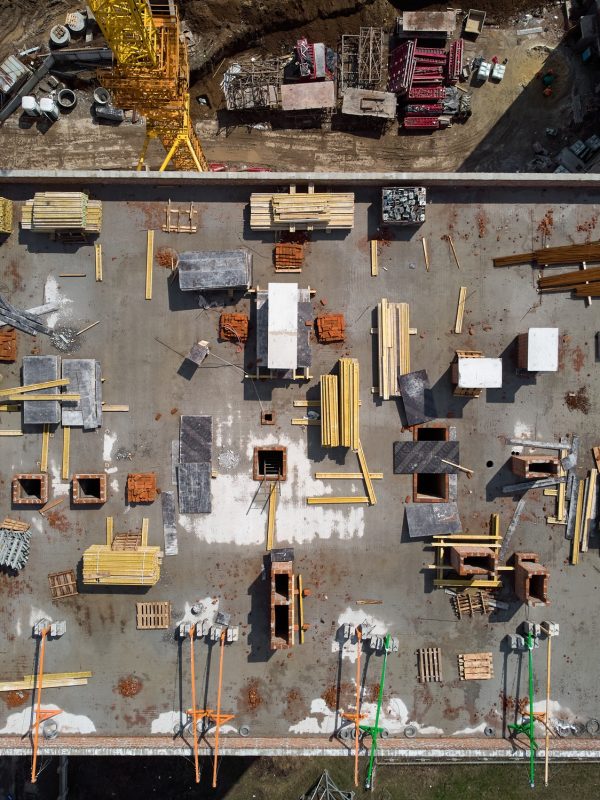 Busy Construction Site and Construction Equipment Aerial Photo